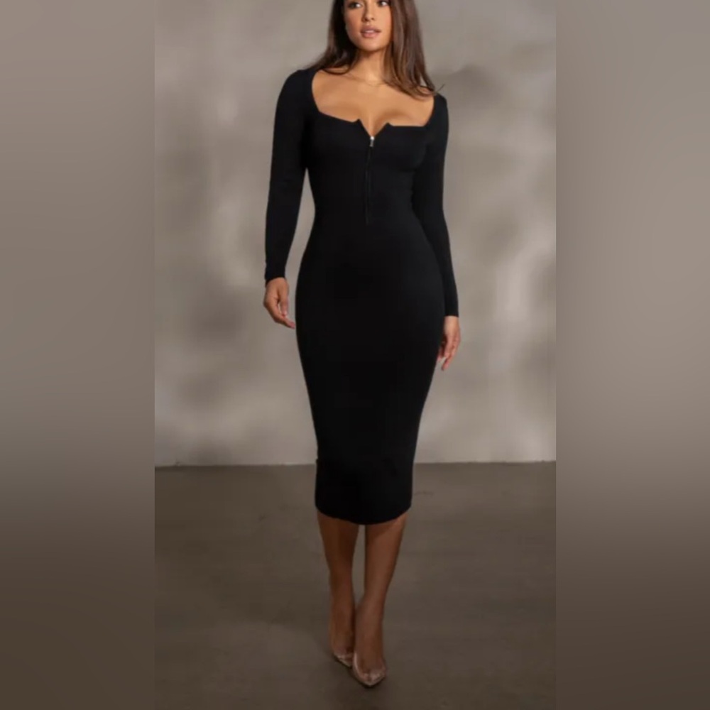 JLUXLABEL Black Long Sleeve Midi Zip Dress